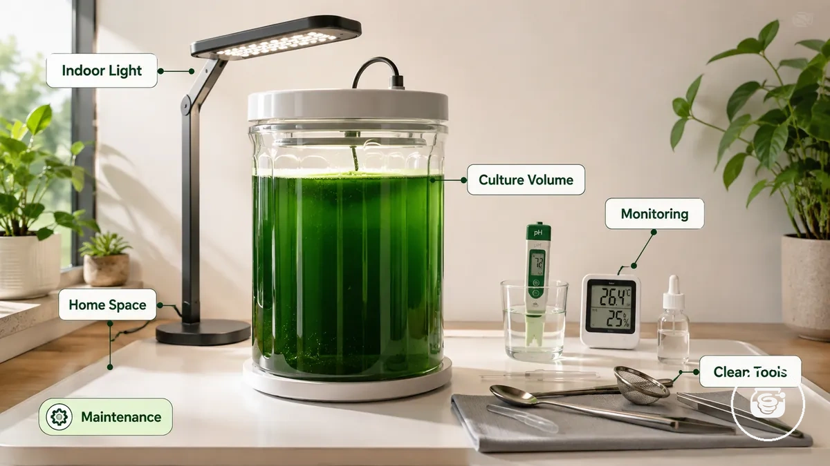 Elemente der Heimaufstellung zur Beurteilung der Eignung eines Spirulina-Anzuchtsets