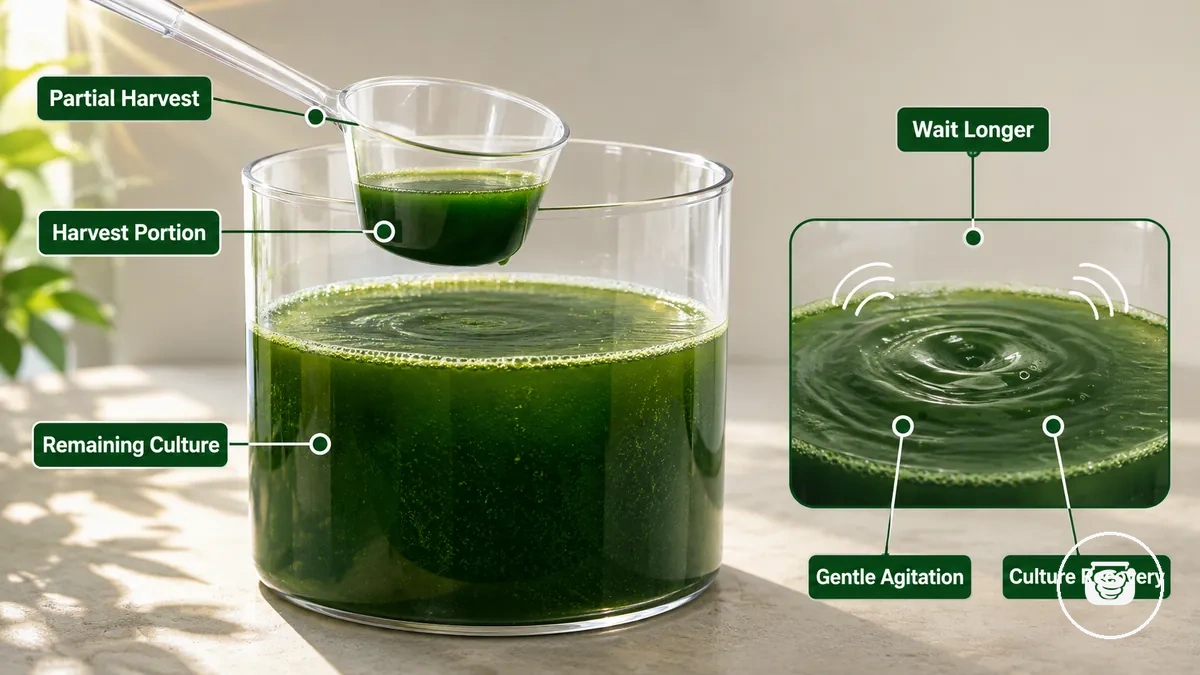 Teilerntemenge von Spirulina aus einem Heimanzuchtbehälter