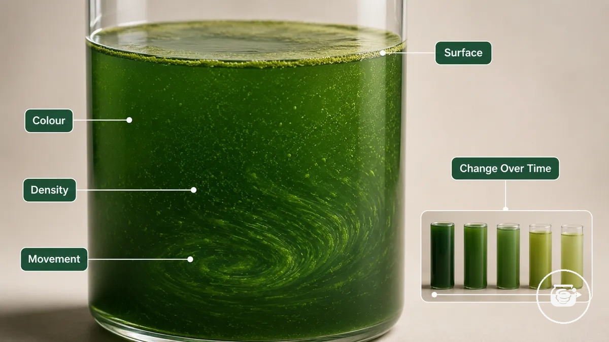 Nahaufnahme einer Spirulina-Kultur mit Farbe, Dichte, Bewegung und Oberflächenbild