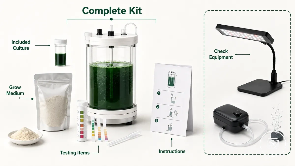 Beschriftetes Komplett-Spirulina-Anzuchtset mit typischen enthaltenen Materialien