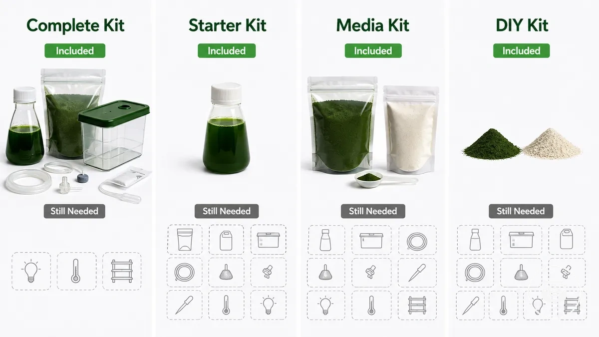 Vergleichsgrafik der Komplett-, Starter-, Medium- und DIY-Spirulina-Anzuchtset-Typen