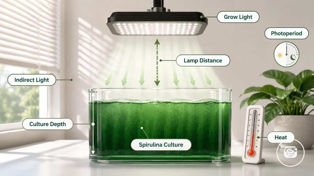 Spirulina-Anzuchtset in Innenräumen unter Pflanzenleuchte mit Lampenabstand und belichtetem Kulturbehälter