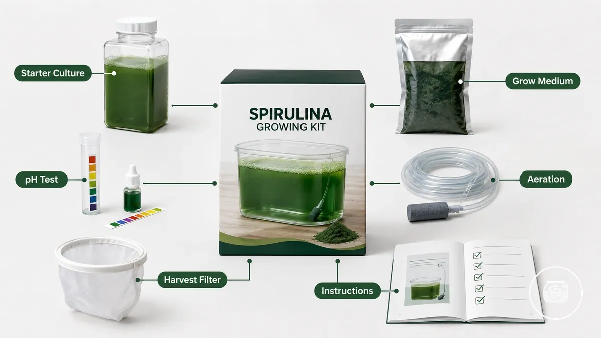 Mindestkomponenten, die ein Spirulina-Anzuchtset enthalten sollte, mit beschrifteter Kultur, Medium, Werkzeugen und Checkliste
