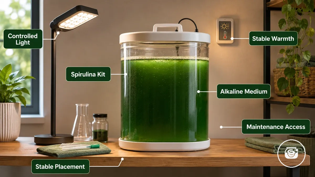 Indoor-Spirulina-Anzuchtset in der Nähe einer Lichtquelle auf einer stabilen Fläche im Haushalt