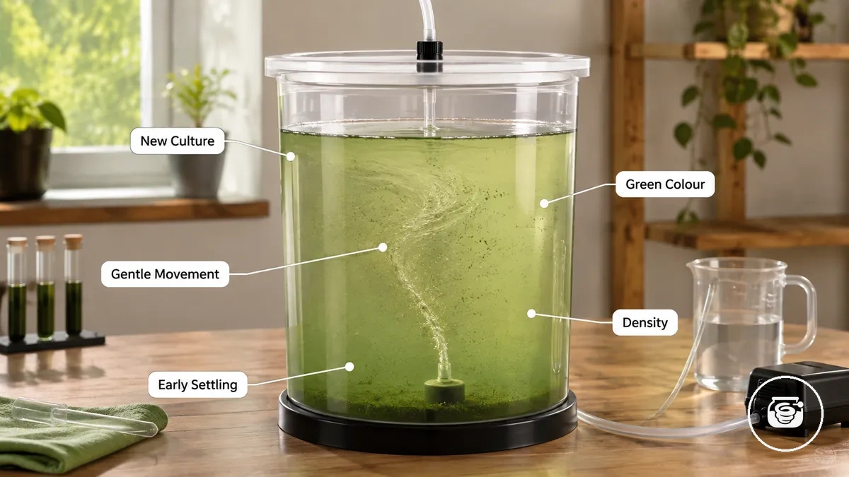 Neue Spirulina-Kultur, die sich nach dem Aufbau in einem klaren Heimkulturbehälter einpendelt