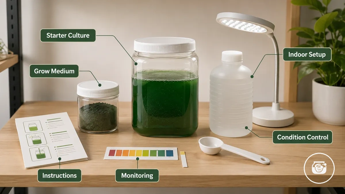 Beginner-friendly spirulina growing kit with starter culture, grow medium, instructions, and indoor growing supplies