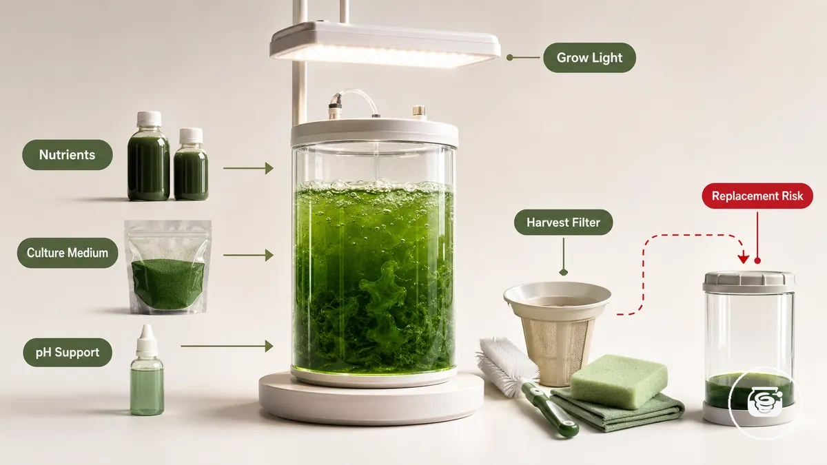 Recurring supplies used for spirulina culture upkeep after the initial kit setup