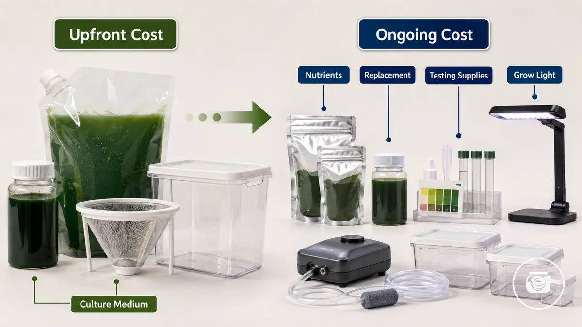 Diagram explaining the upfront and ongoing costs of a home spirulina growing kit