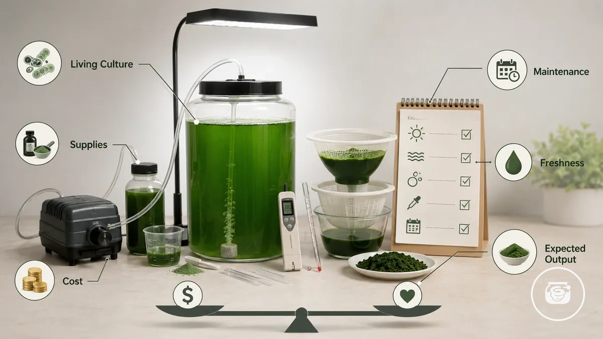 Home spirulina growing kit with culture container, growing supplies, light source, and harvest filter