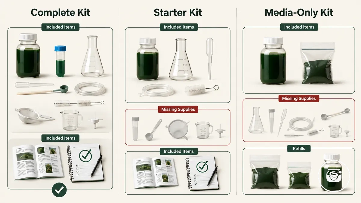 Kit completeness versus missing supplies comparison showing included items group, missing supplies, and checklist verification