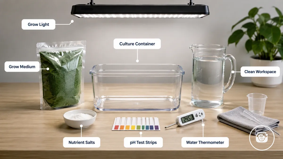 Spirulina kit setup requirements before installation shown with relevant spirulina kit setup items