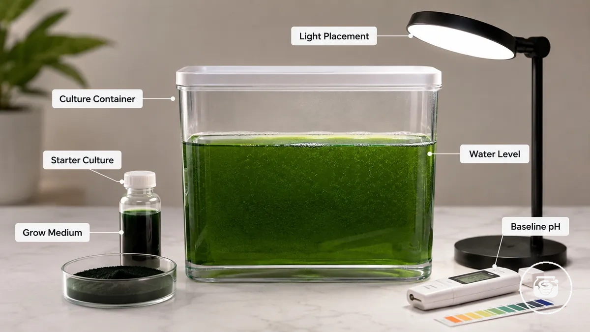 Annotated spirulina growing kit showing a culture container, grow medium, water level, light placement and pH monitoring after setup