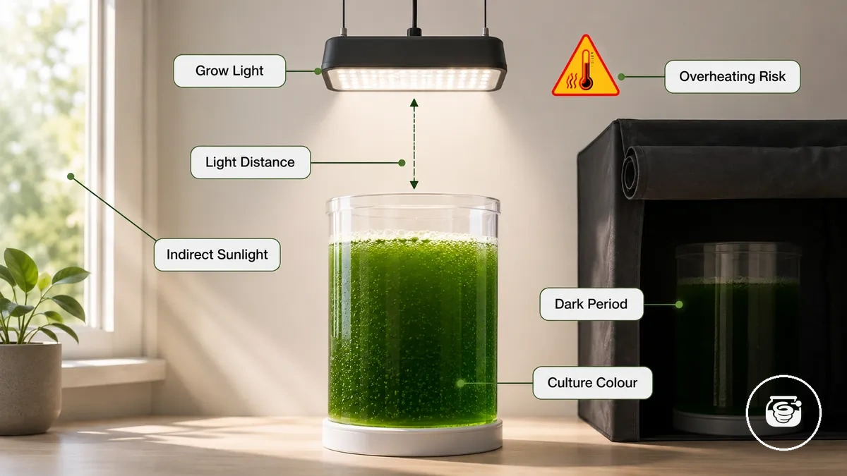 Annotated diagram showing a grow light above a spirulina culture container with light distance, dark-period cue and overheating caution