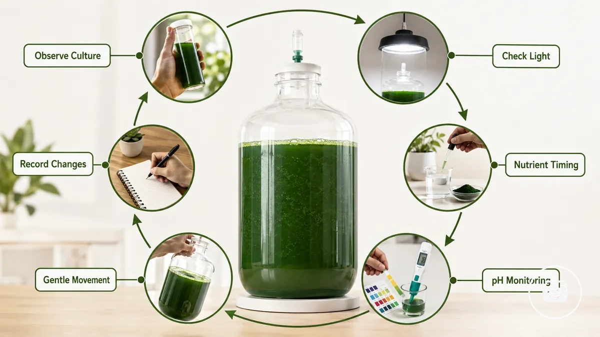 Step-by-step diagram showing daily observation, light check, nutrient timing, pH monitoring and gentle movement during a spirulina growing routine