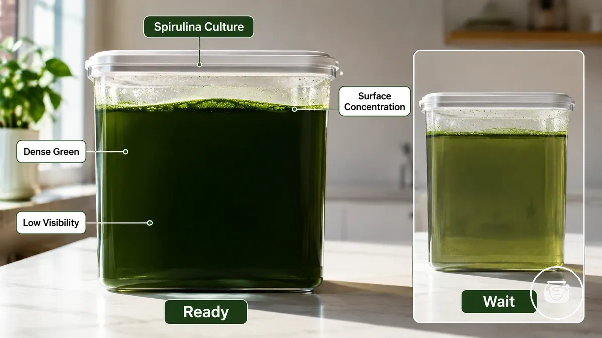 Harvest-ready spirulina culture in a clear home growing kit container
