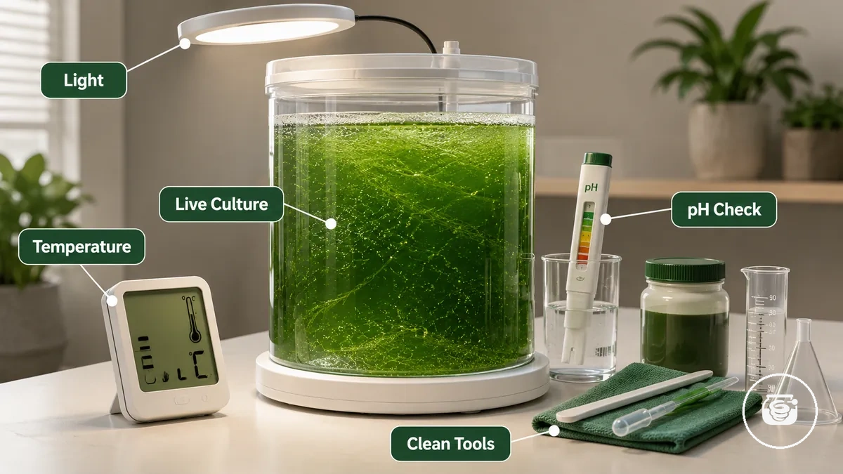 Healthy spirulina growing kit with live culture, pH testing equipment and clean maintenance tools
