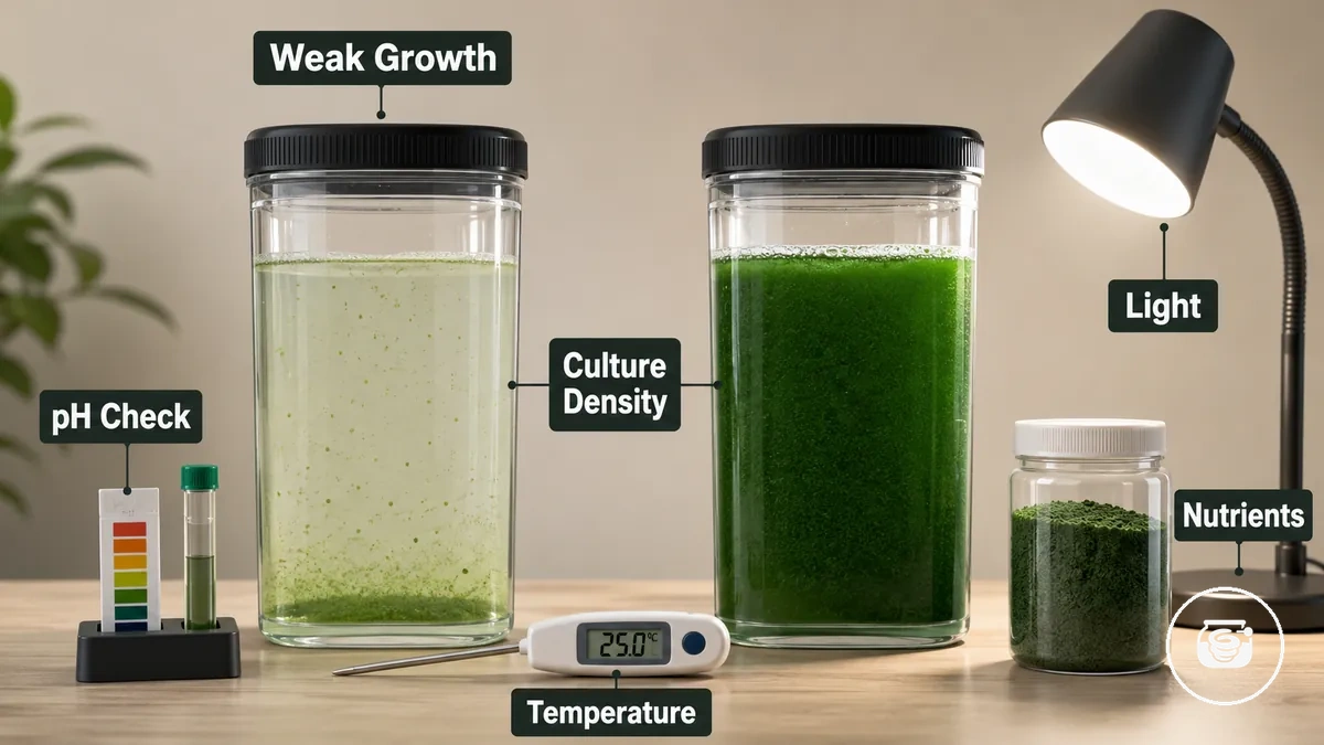 Weak spirulina culture showing thin density in a home growing kit