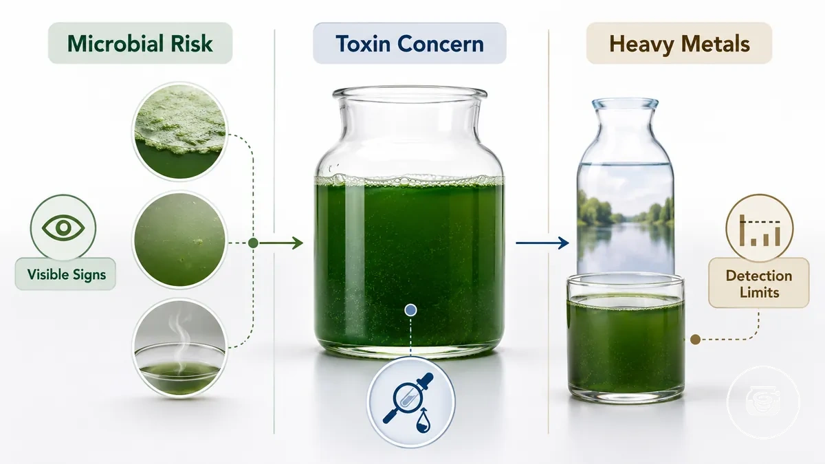 Comparison graphic showing microbial, toxin, and heavy metal risk boundaries in a home spirulina culture