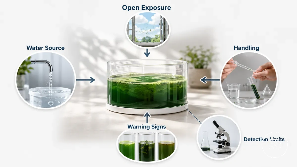 Diagram of home spirulina culture contamination risk sources including water, tools, and open handling