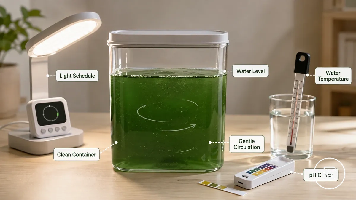 First-week spirulina growing kit checks with pH strip, thermometer, light, and culture container