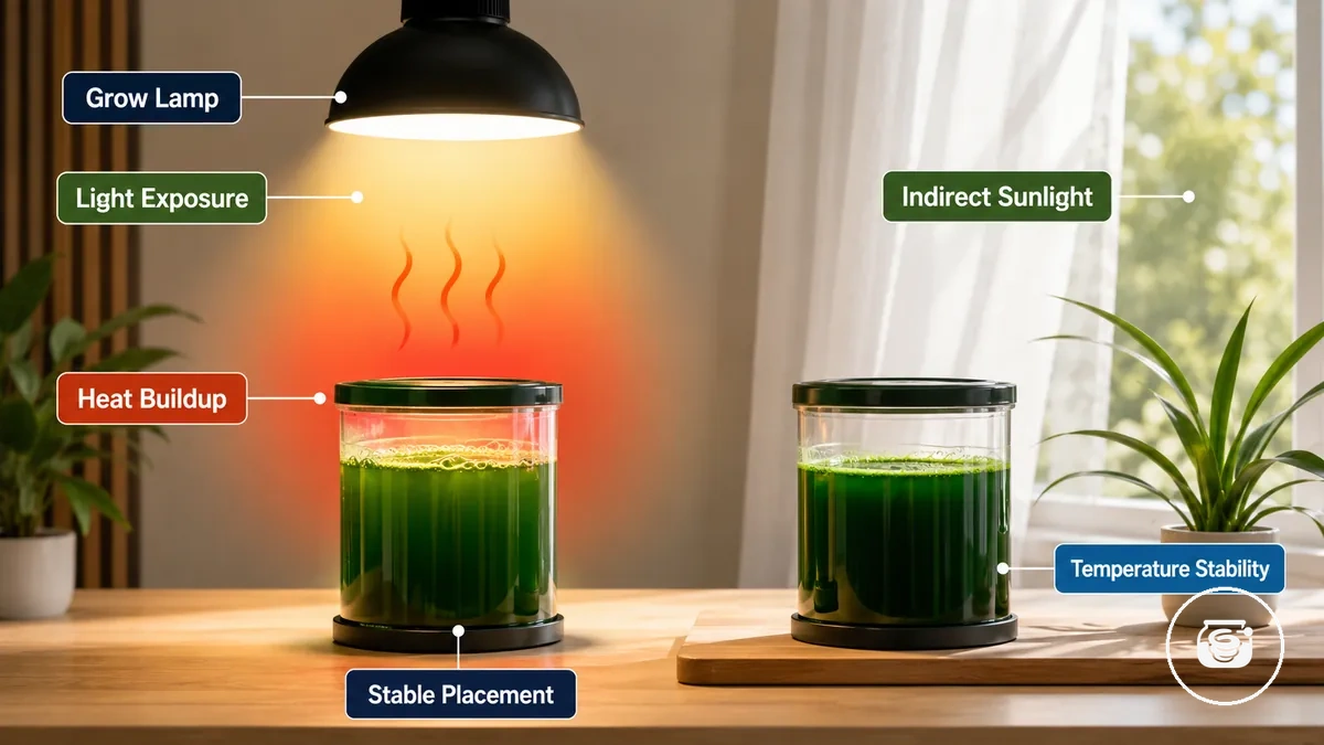 Indoor spirulina container under a light with temperature stability and overheating risk cues