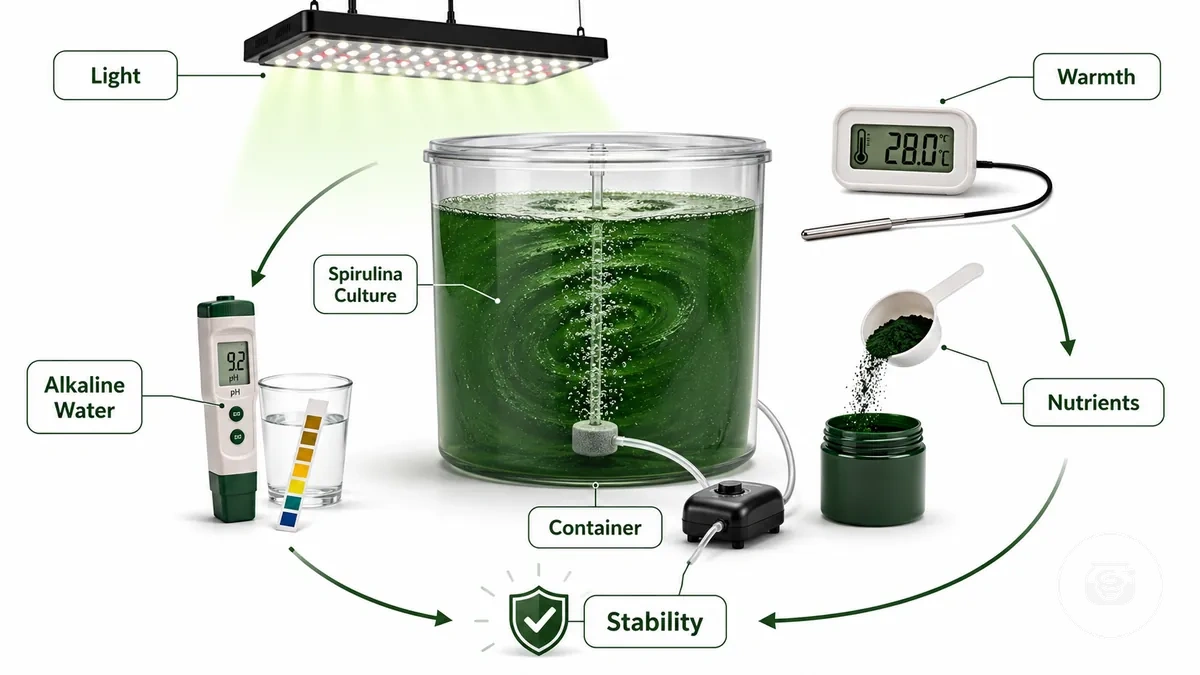 Condiciones esenciales para un cultivo viable de espirulina con un recipiente, luz, termómetro, prueba de pH y medio nutritivo