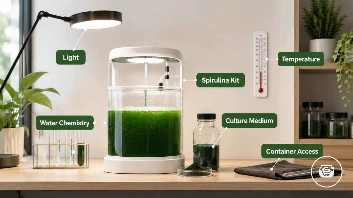 Kit de espirulina de interior anotado que muestra luz, temperatura, química del agua y acceso al recipiente