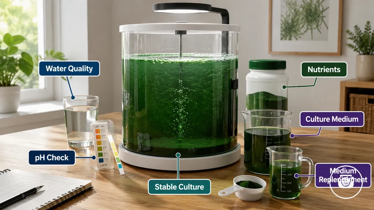 Recipiente de cultivo de espirulina con elementos de control de pH, nutrientes y agua sobre una superficie interior limpia