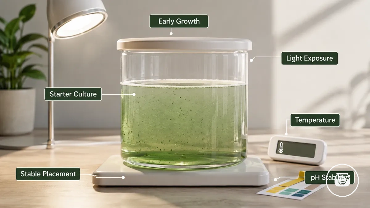 Crecimiento temprano lento de espirulina en un recipiente de cultivo doméstico bajo luz estable