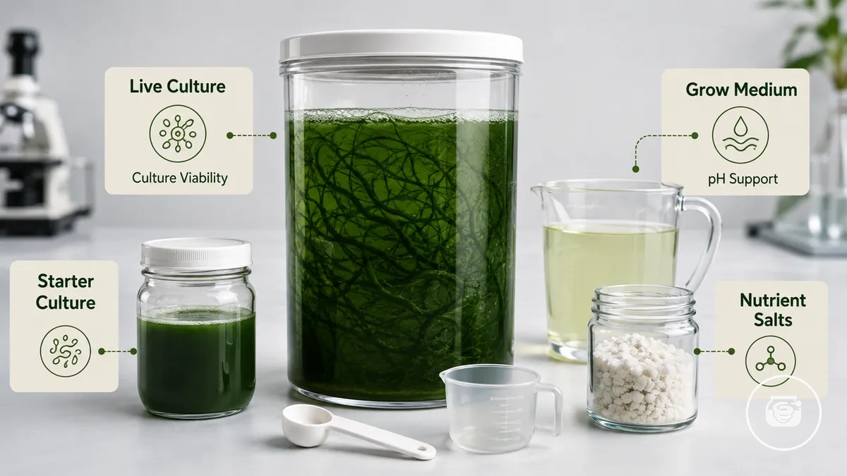 Cultivo vivo, medio de cultivo, sales nutritivas y herramienta de medición empleados en un kit para cultivar espirulina en casa