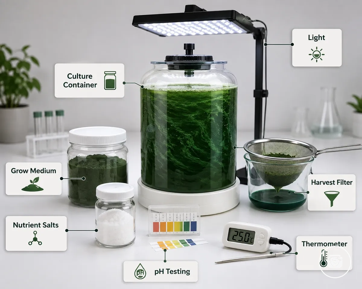 Elementos de un kit para cultivar espirulina en casa, incluidos recipiente de cultivo, medio de cultivo, herramientas de monitoreo, luz y filtro de cosecha