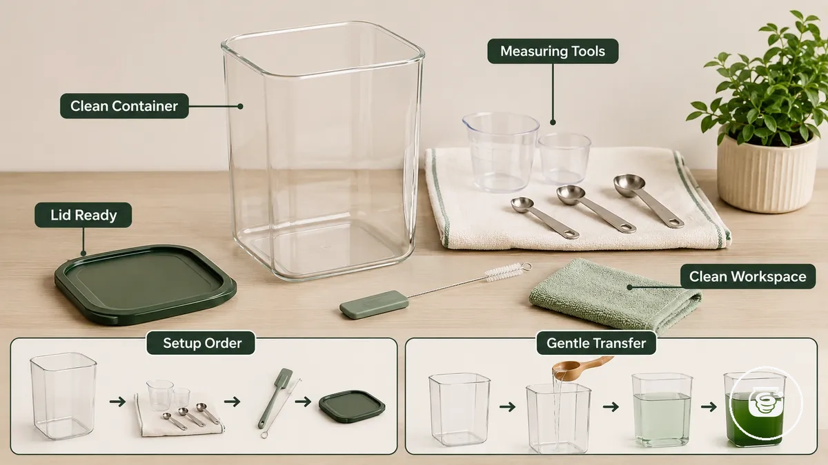 Limpieza del recipiente y preparación del área de montaje mostradas con los elementos de montaje del kit de espirulina