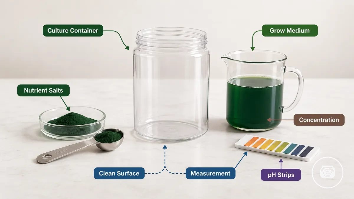 Recipiente de cultivo, medio de cultivo, sales nutritivas y herramientas de medición mostrados con los elementos de montaje del kit de espirulina