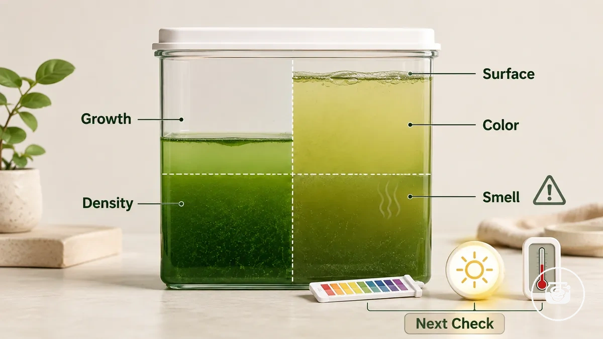Síntomas visibles del cultivo de espirulina agrupados antes de elegir correcciones
