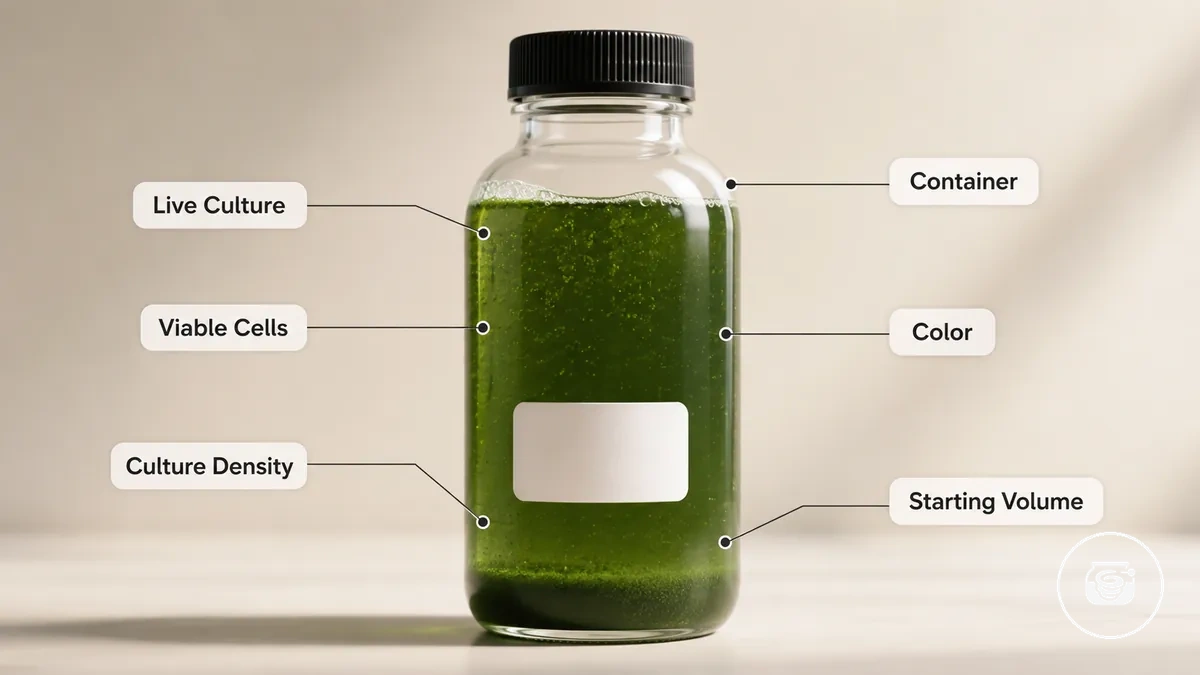 Flacon de ferment vivant de spiruline montrant la couleur et la densité pour un kit domestique