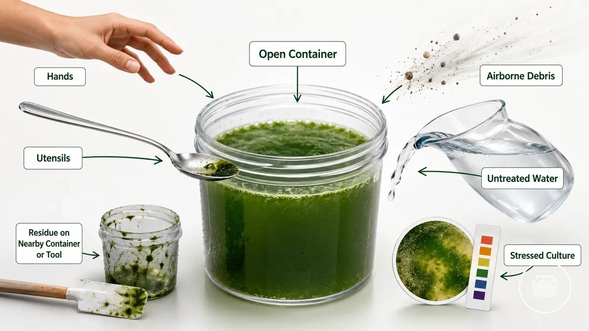 Exemple annoté des voies de contamination des cultures de spiruline par les mains, les ustensiles, l eau et la manipulation à l air libre