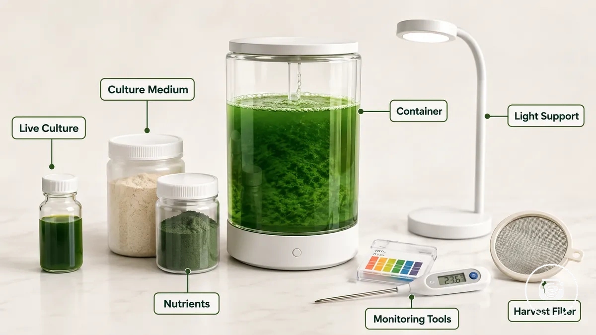 Kit de culture de spiruline domestique avec culture vivante, milieu de culture, nutriments, contenant, outils de suivi et filtre de récolte