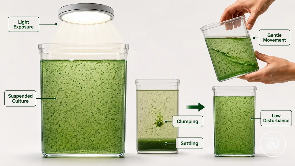 Mouvement doux d une culture de spiruline pour maintenir les cellules en suspension uniformément réparties à l intérieur du récipient de culture