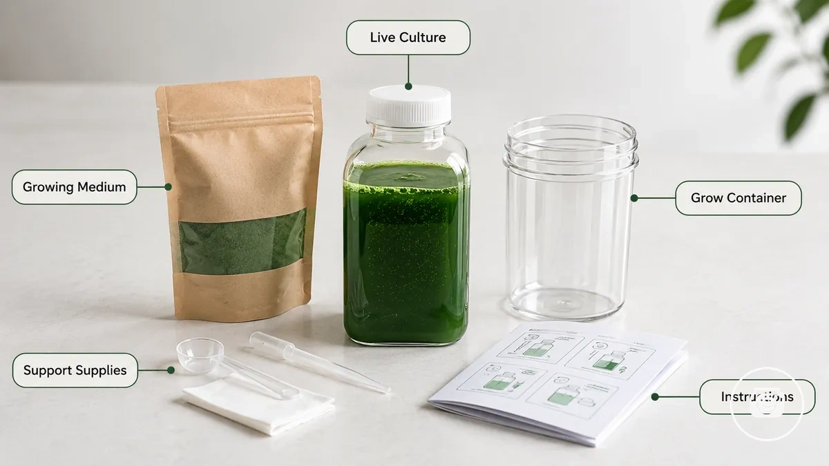 Matériaux d’un kit de culture de spiruline groupés avec une culture vivante et un milieu de culture