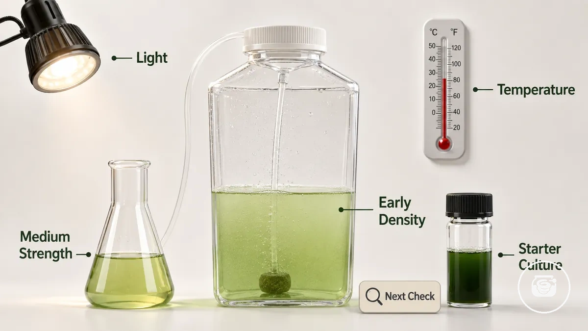 Culture de spiruline précoce après la mise en place avec lumière et outils de surveillance