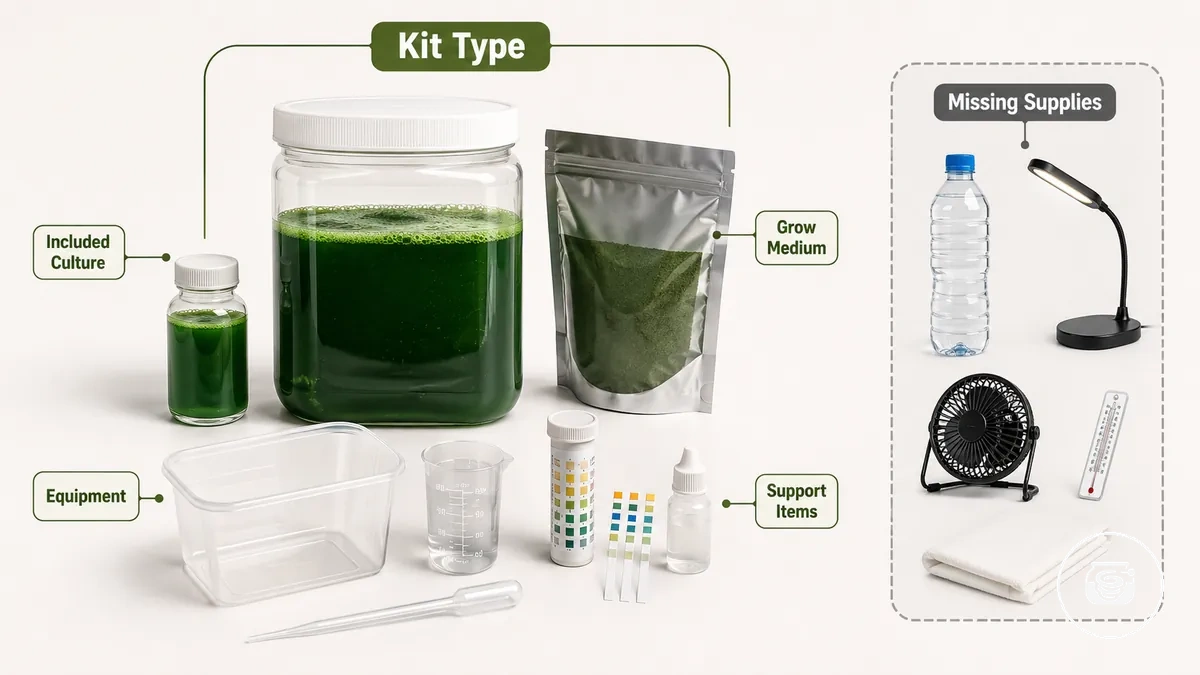 Conteúdo anotado de kit de cultivo de spirulina mostrando cultura, meio de crescimento, equipamento e suprimentos faltantes