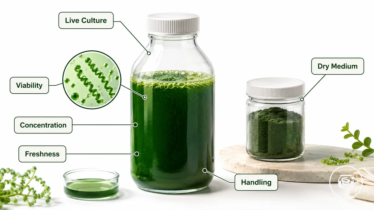 Cultura viva de spirulina usada como material biológico inicial em um kit doméstico de cultivo de spirulina