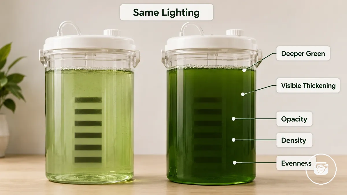 Espessamento visível e cor verde mais escura em um kit de cultivo doméstico de spirulina