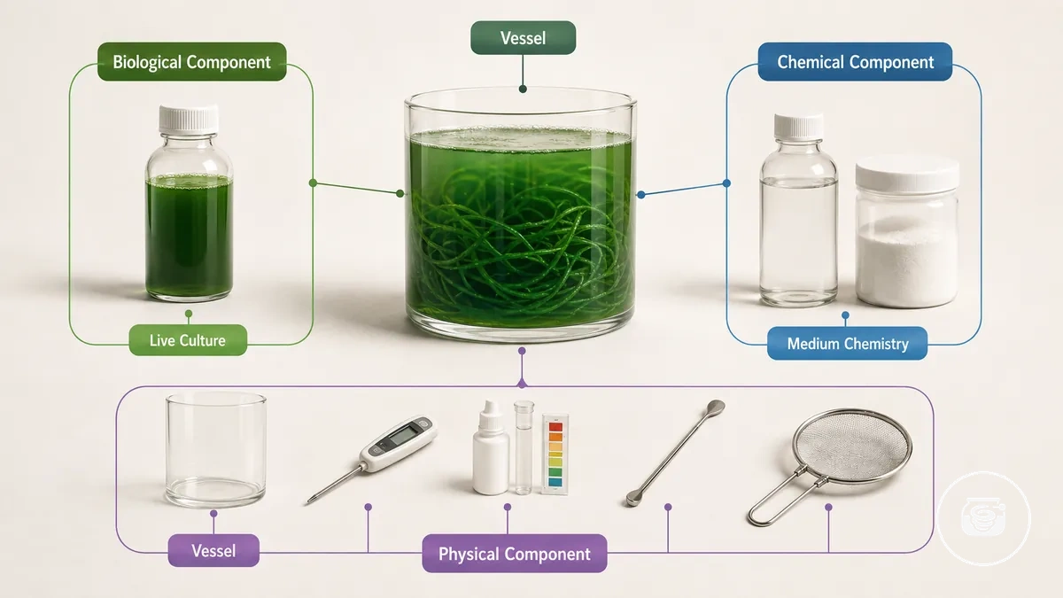 Grupos de componentes biológicos, químicos e físicos em um kit doméstico de cultivo de spirulina