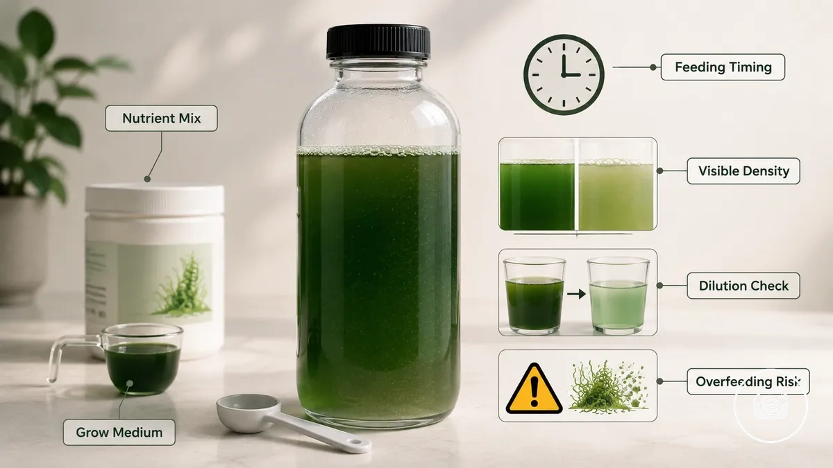 Exemplo anotado mostrando mistura de nutrientes, meio de cultivo, frasco de cultura, ferramenta de medição e densidade visível da cultura durante o crescimento da spirulina