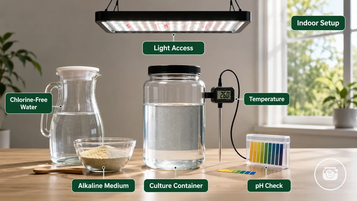 Qualidade da água, acesso à luz e prontidão da temperatura mostrados com itens relevantes para a montagem do kit de spirulina