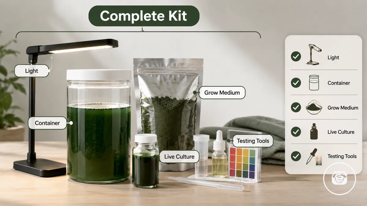 Suprimentos de kit completo de cultivo de spirulina organizados para verificação de suprimentos faltantes