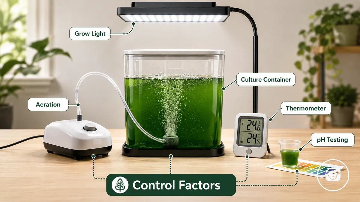 Recipiente, aeração, iluminação e ferramentas de teste usados em um kit para cultivo de spirulina em casa