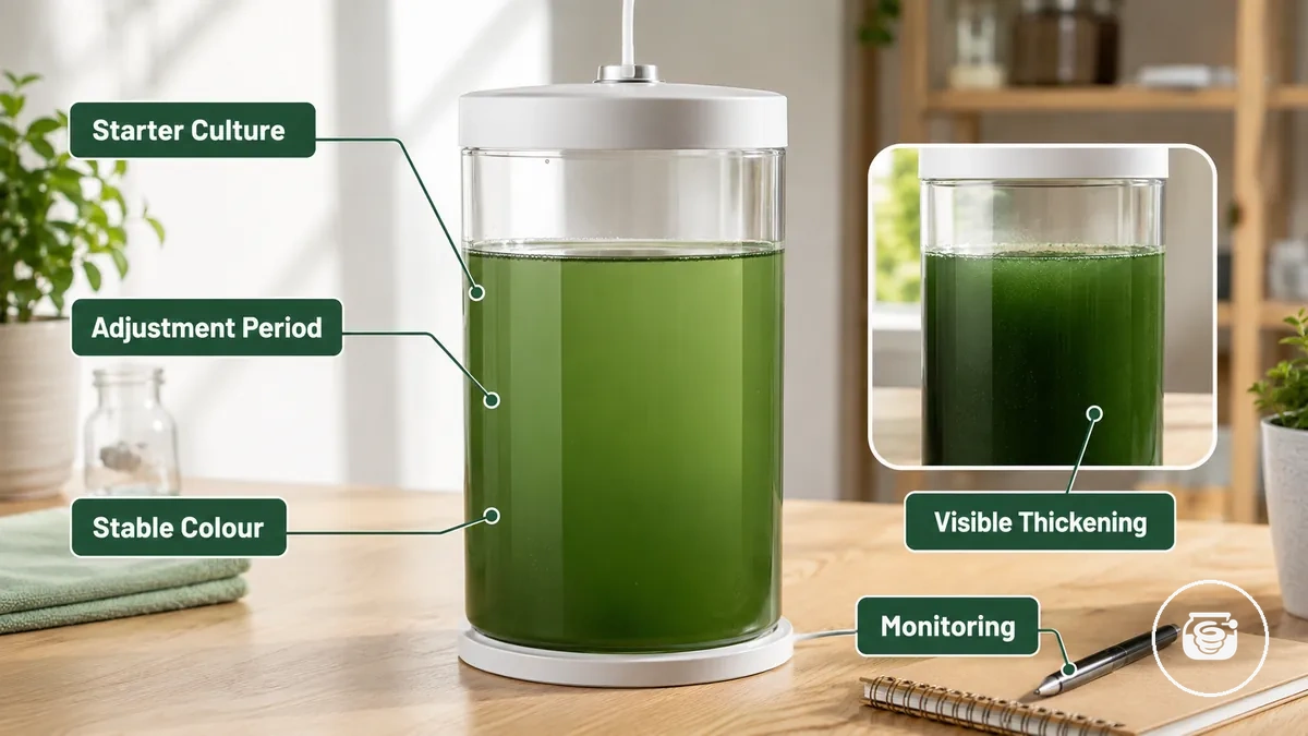 Ev tipi spirulina yetiştirme kitinde başlangıç kültürü uyumu.