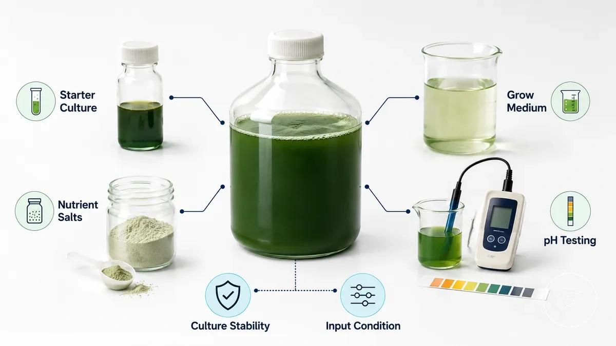 Spirulina kurulumu için başlangıç kültürü, yetiştirme ortamı, besin tuzları ve pH test araçları